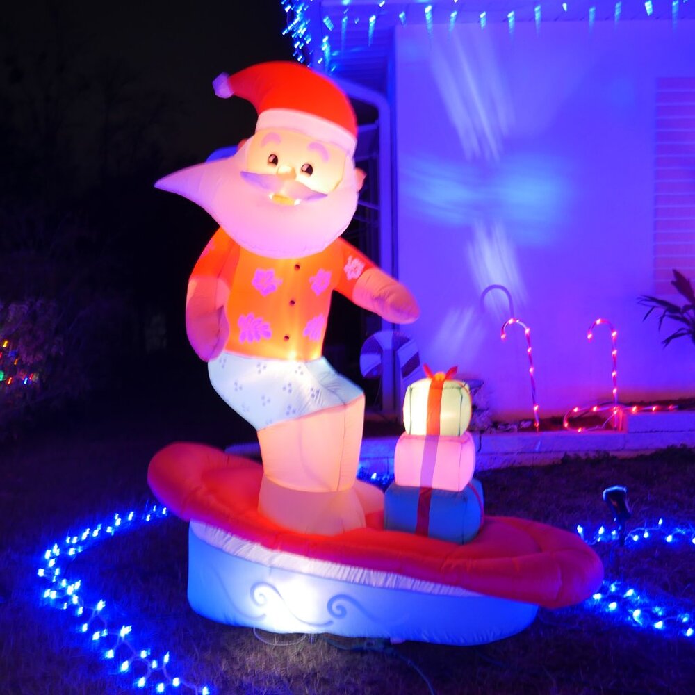 6 Ft Hang Ten Surfing Santa LED Christmas Inflatable Airblown Beach Longboard